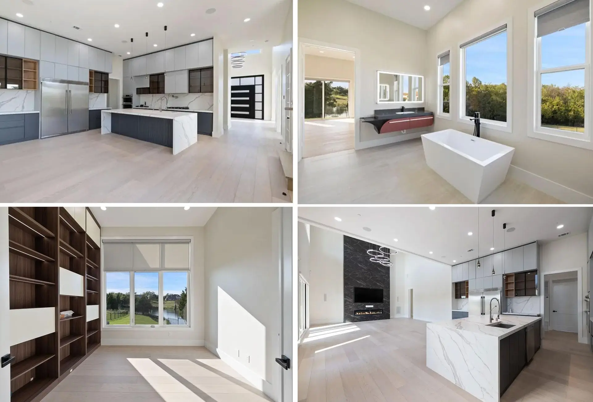 Spacious modern home interiors with marble countertops, large windows, and open floor plans