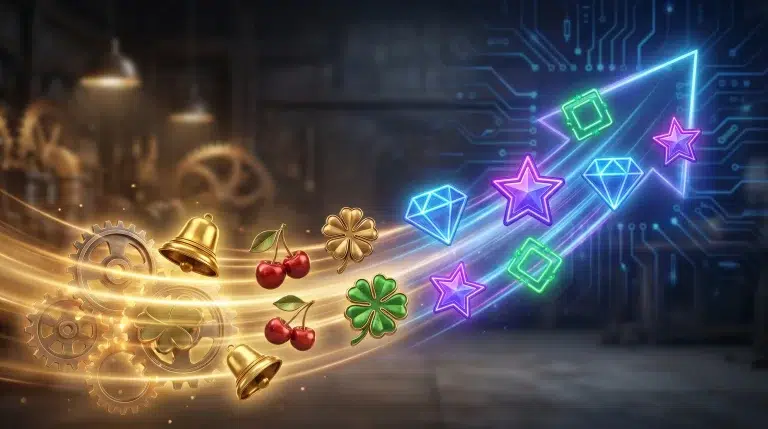 Colorful symbols and gears with digital background in industrial workshop setting