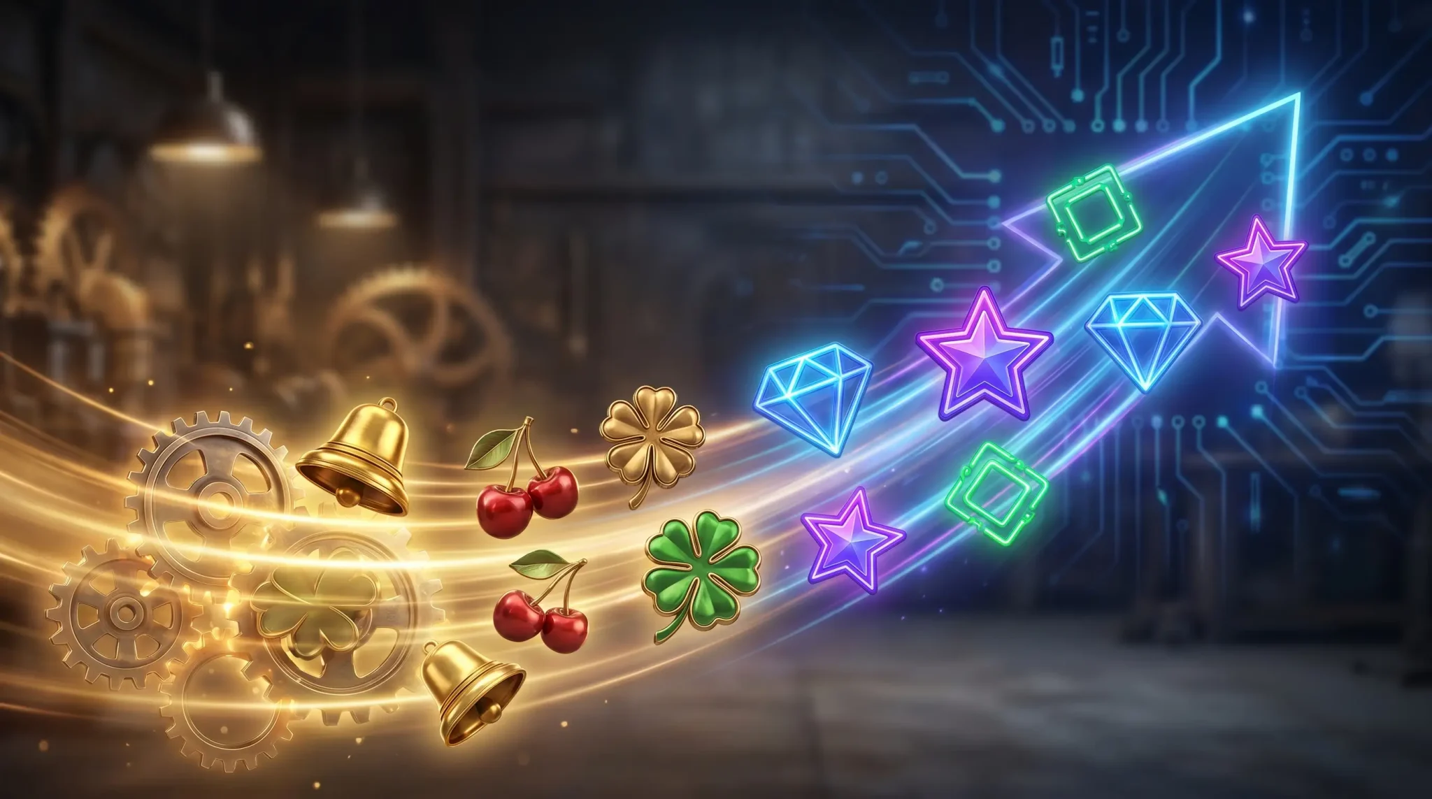 Colorful symbols and gears with digital background in industrial workshop setting