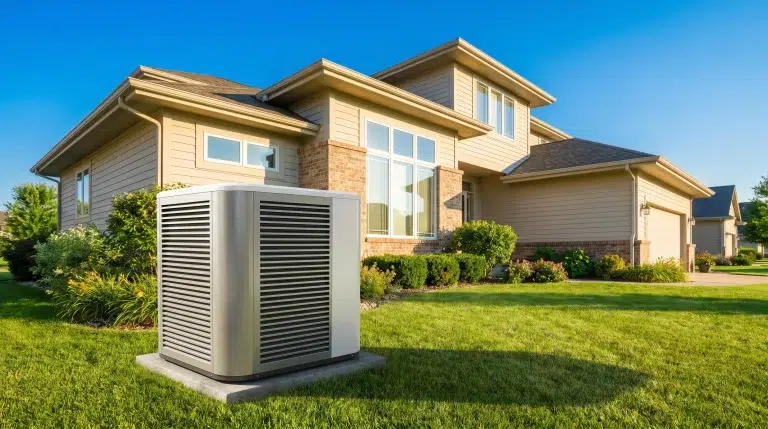 Outdoor air conditioning unit beside modern suburban house in sunny landscaped yard