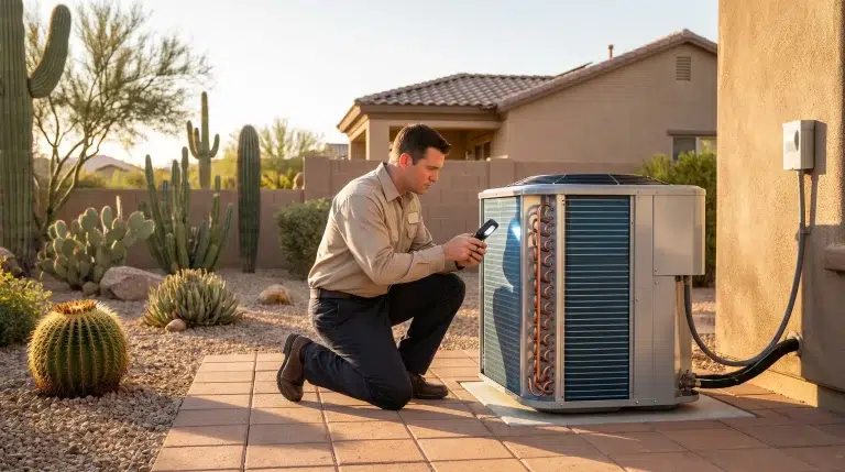 Man inspecting air conditioning unit with flashlight in desert landscape at sunset