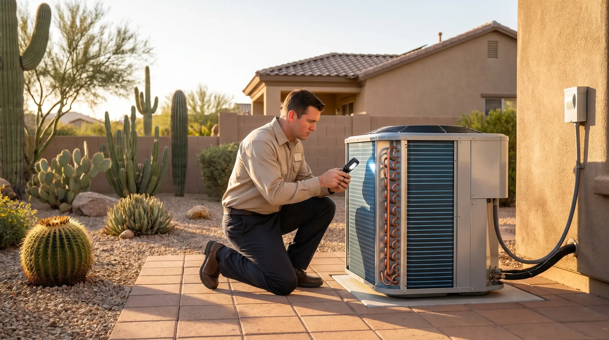 Man inspecting air conditioning unit with flashlight in desert landscape at sunset