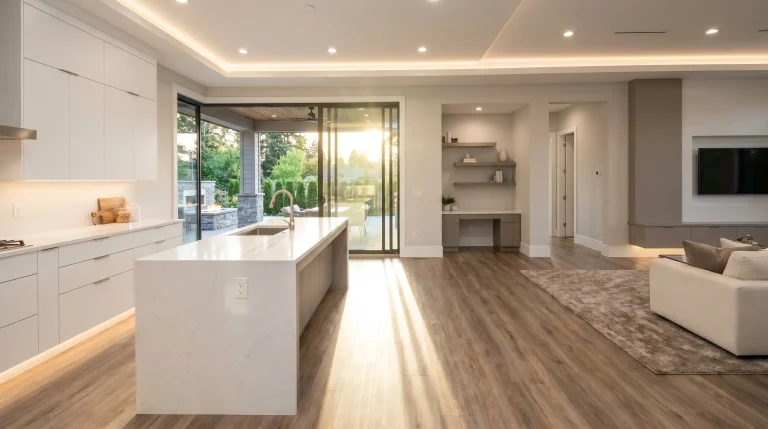 Open-plan modern kitchen and living room with white cabinets and hardwood floors, sunlight streaming in