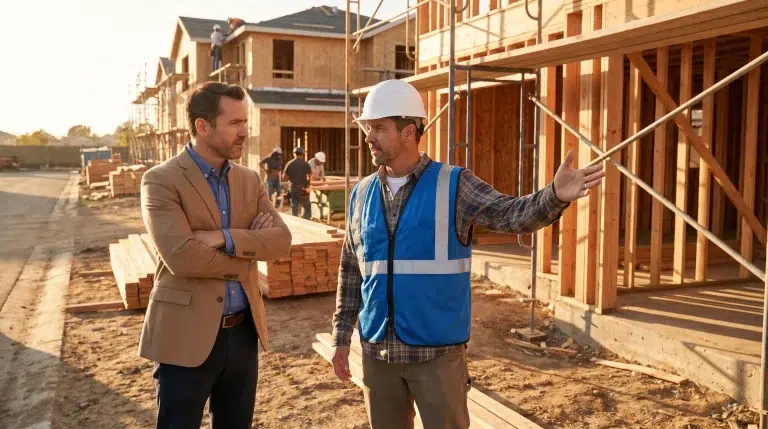 Construction manager and supervisor discussing at residential building site with wooden frames
