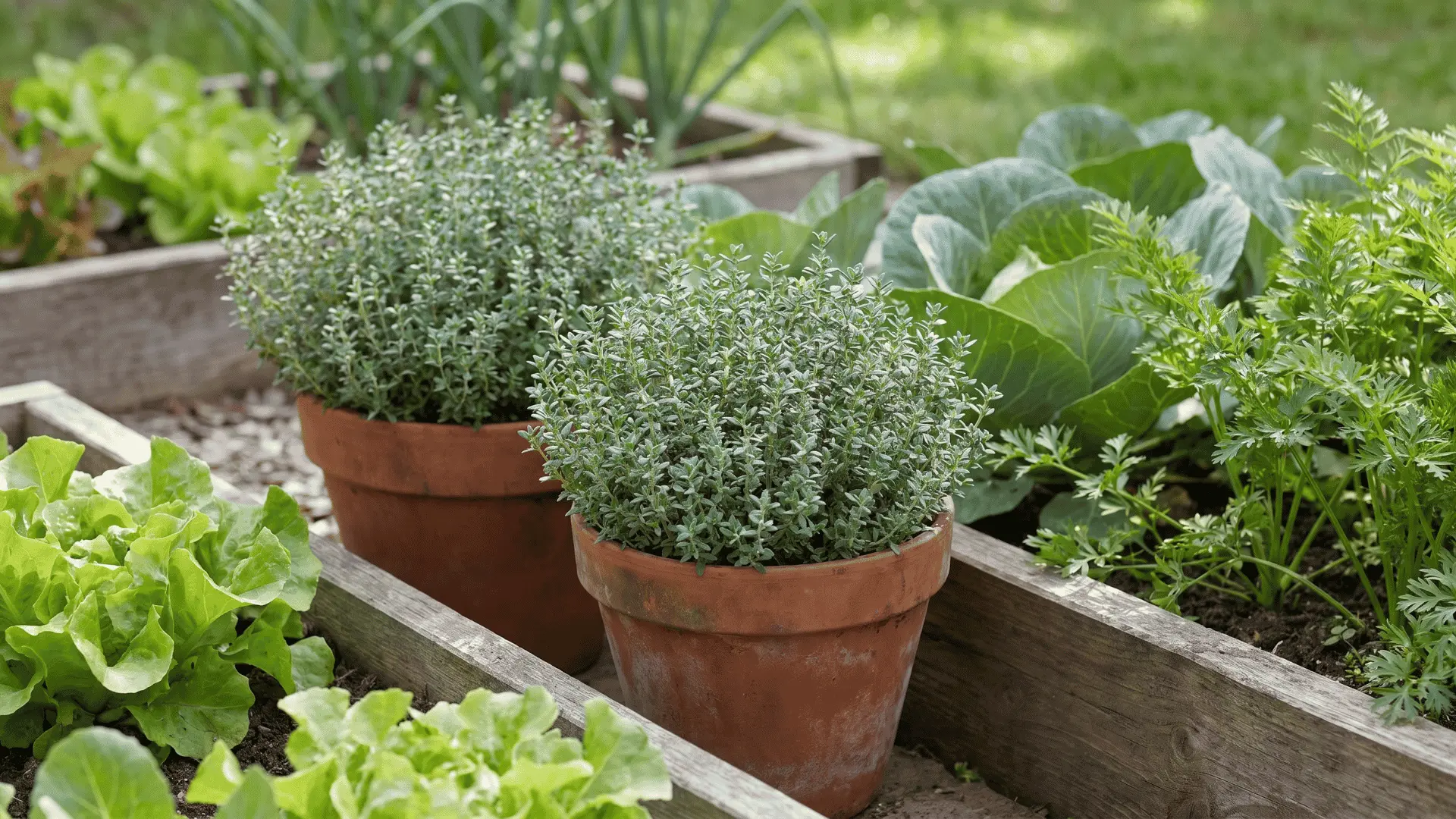 Thyme plants with small green leaves growing in containers and along garden borders near vegetables