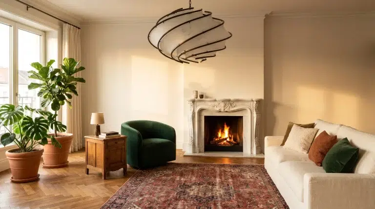 Cozy living room with fireplace, green velvet chair, potted plants, and patterned rug