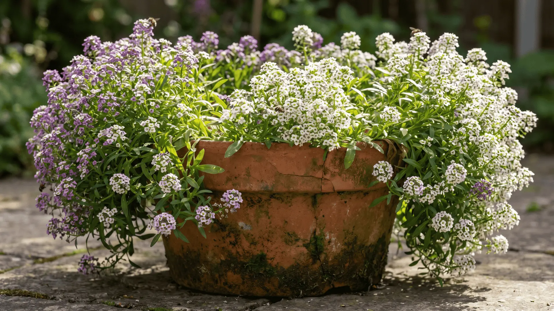 Tiny white and purple sweet alyssum flowers spreading across a container