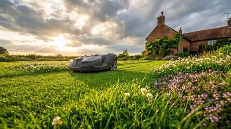 Robotic lawn mower on lush green grass with blooming flowers, under a cloudy sky near a brick house