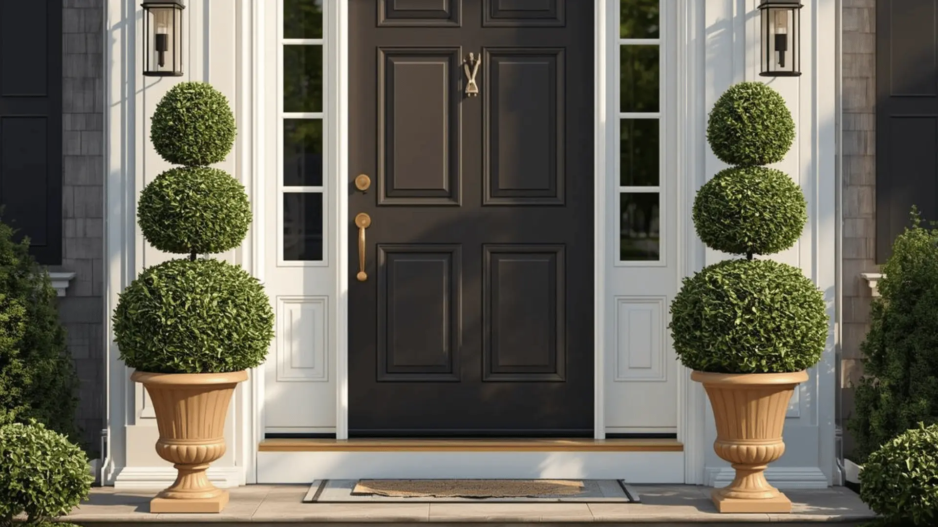 topiary plants creating structured front entry