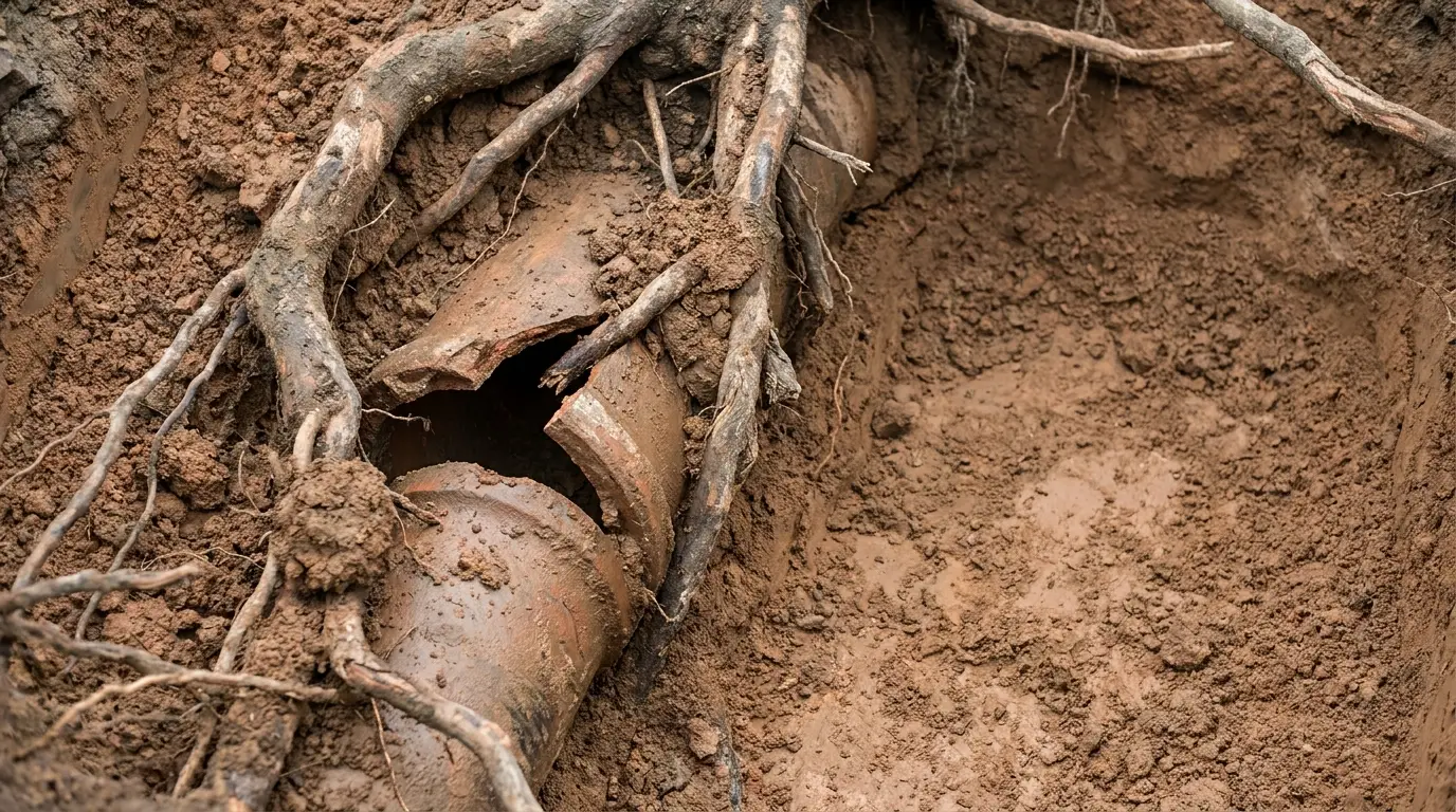 Broken clay sewer pipe entangled with tree roots in muddy soil
