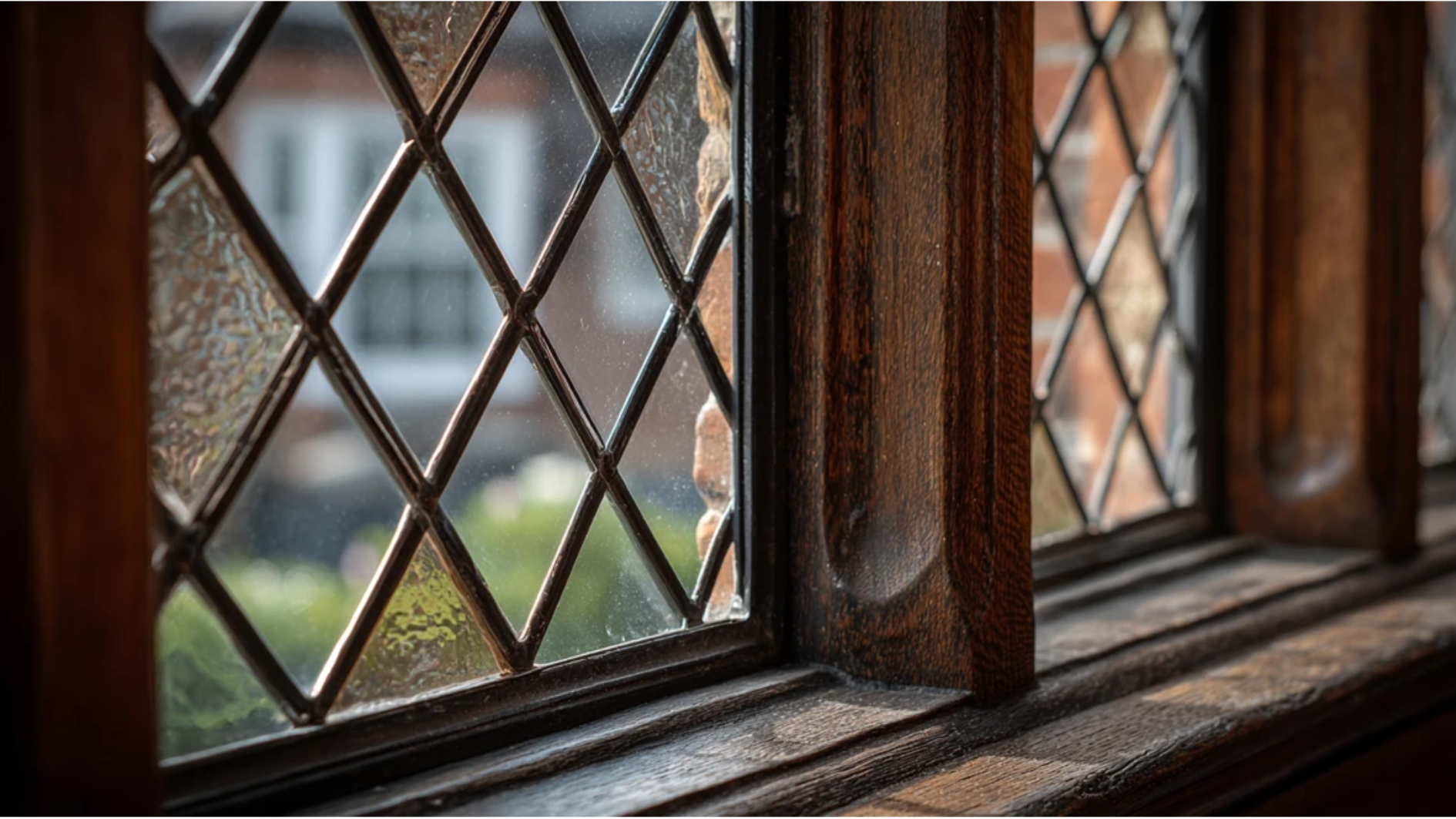 tudor Revival casement windows with small diamond shaped leaded glass panes divided by lead muntins (1)