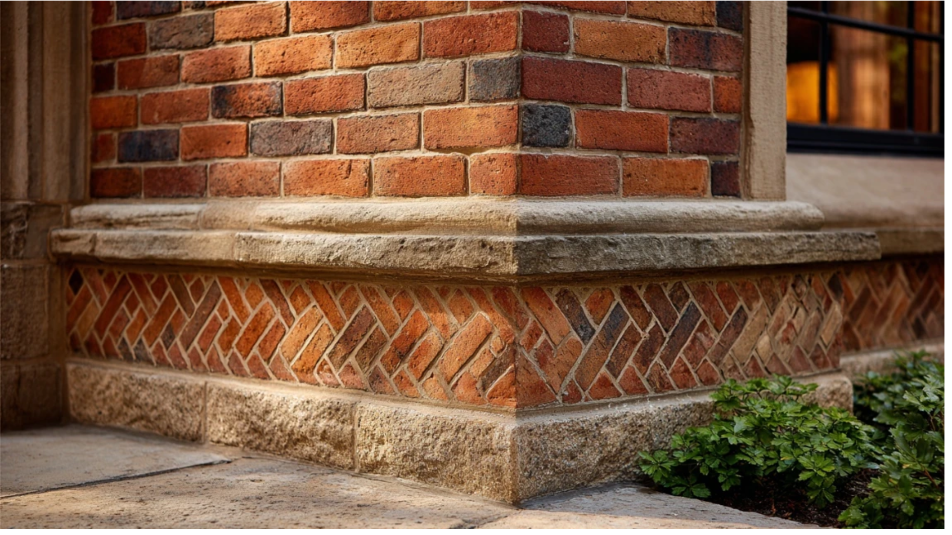 tudor Revival exterior showing herringbone brick pattern combined with rough cut stone accents around the entrance