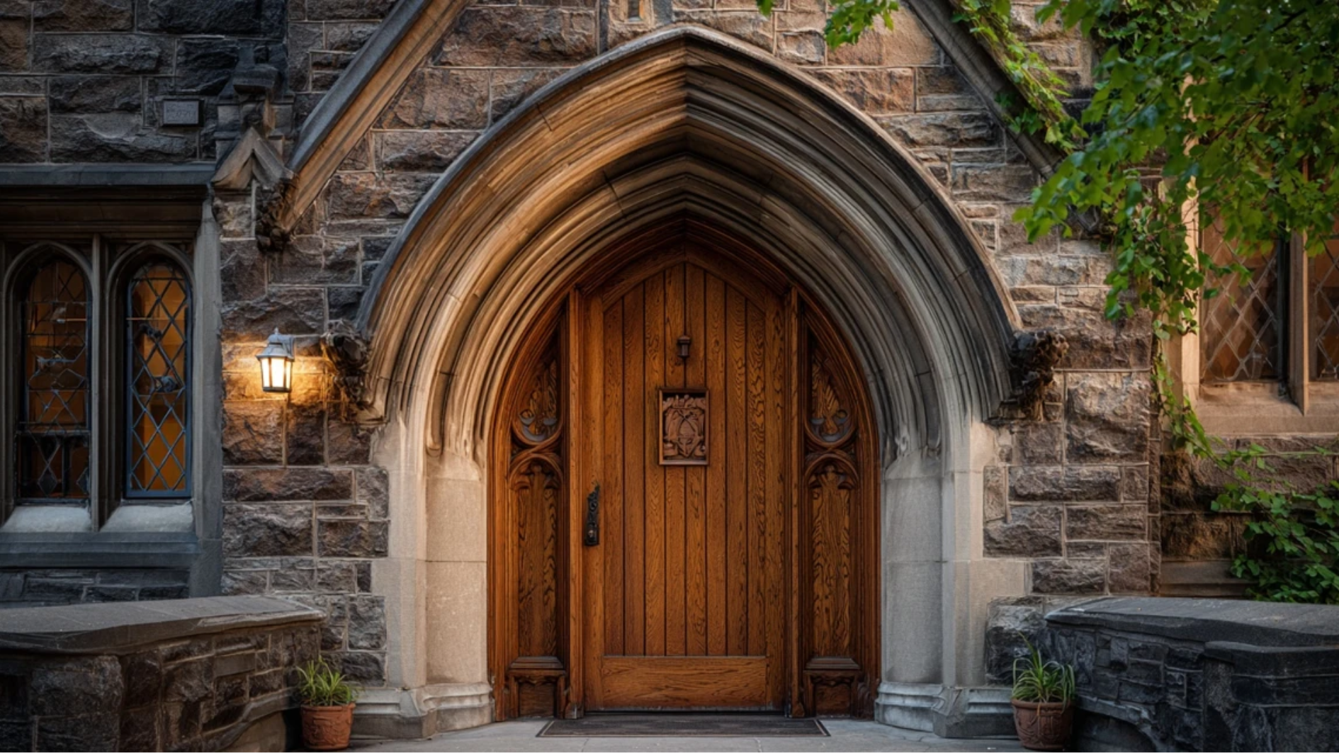 tudor Revival front entrance with shallow pointed Tudor arch over a heavy wooden door surrounded by decorative stonework