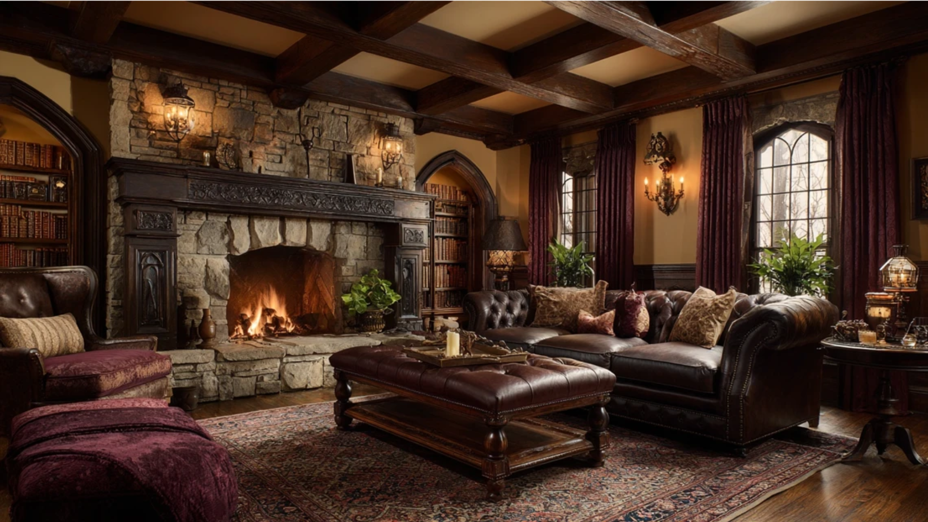 tudor Revival interior living room with dark wood beamed ceiling stone fireplace warm colors and vintage wooden furniture