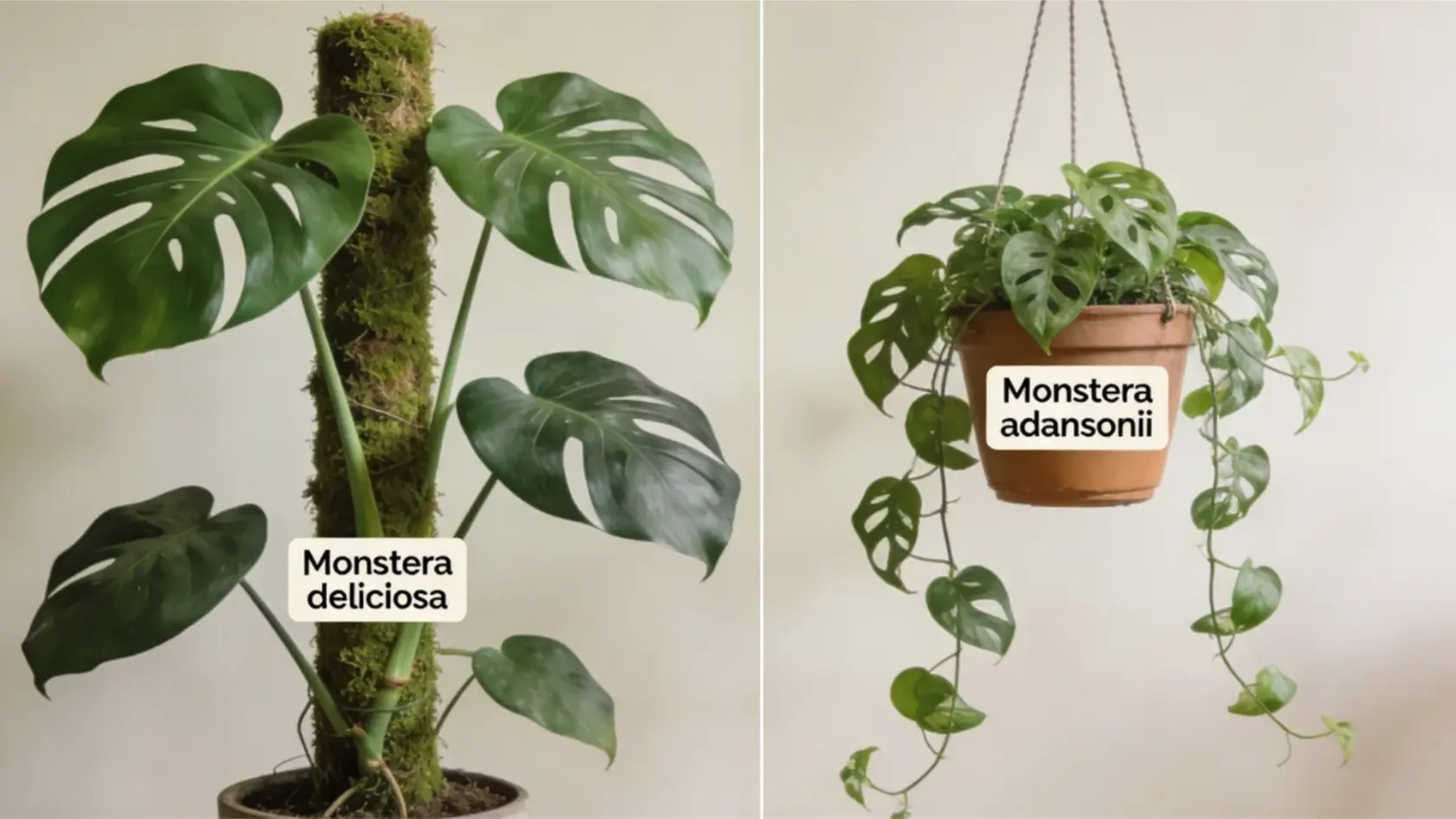 Two Monstera plants showing large upright growth and smaller trailing vine growth with labels