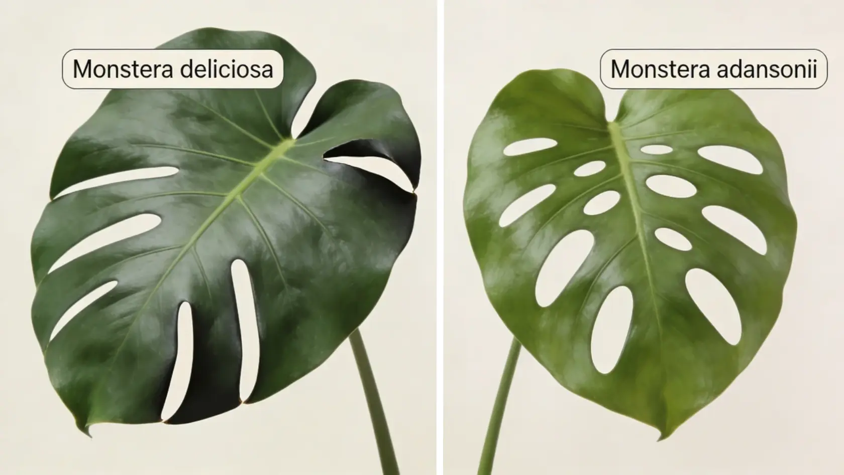 Two Monstera plants with different leaf shapes and hole patterns placed side by side (1)