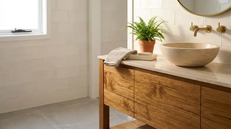 Wooden bathroom vanity with stone sink and potted fern under warm lighting