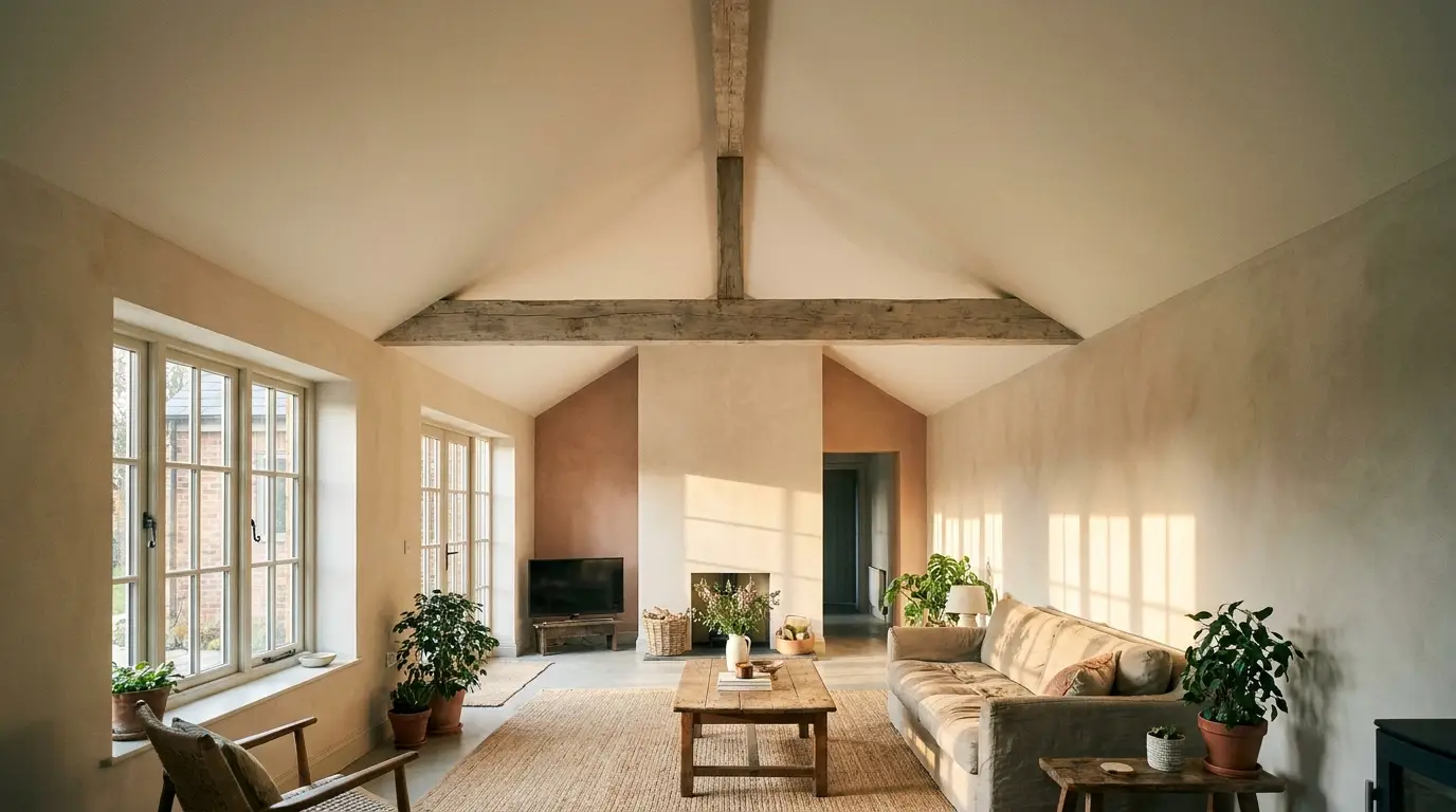 Bright living room with rustic wood beams, beige sofa, potted plants, and large windows