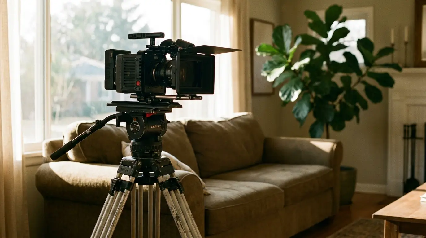 Film camera on tripod in cozy living room with sunlight and houseplant
