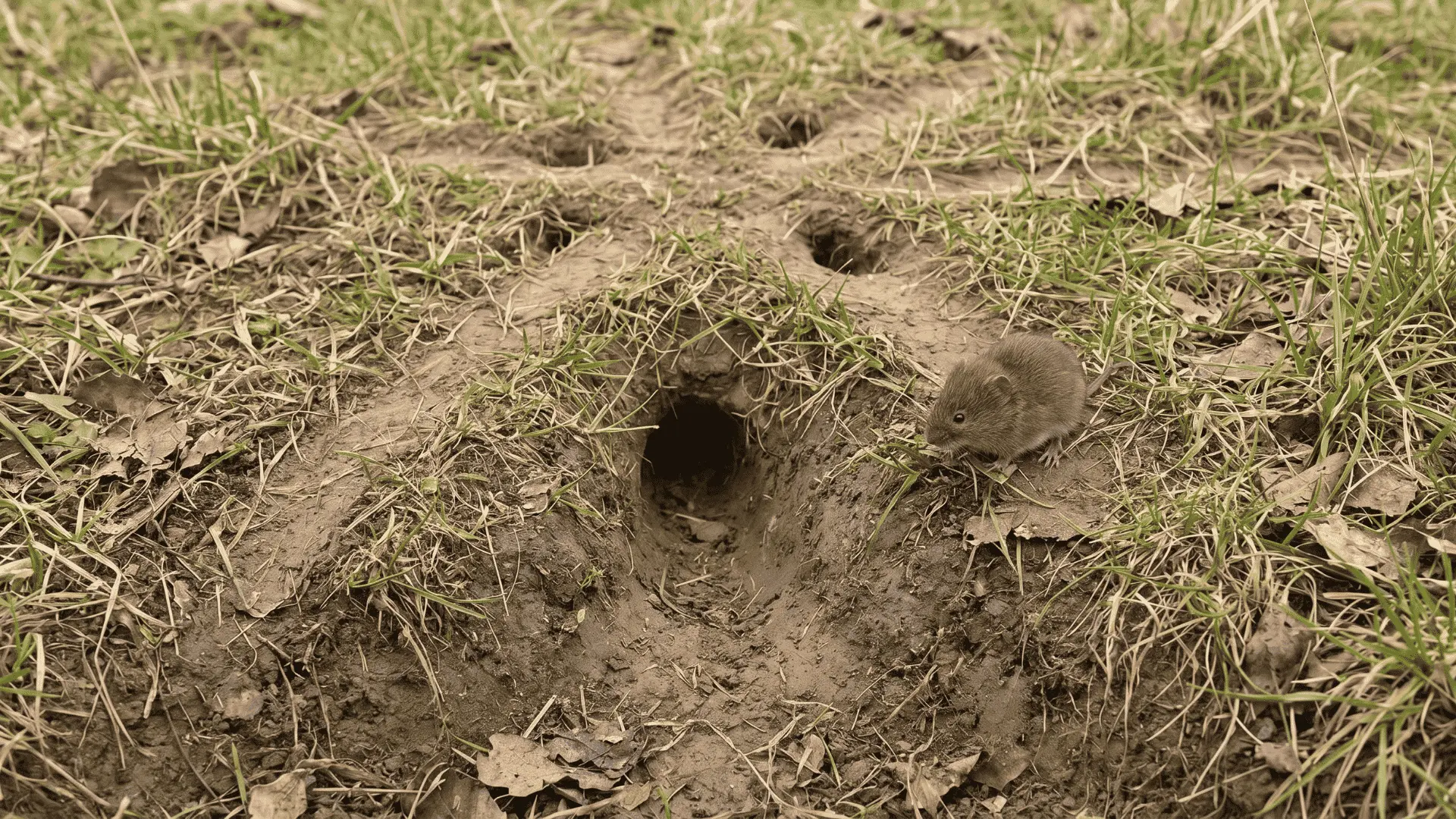 Vole runways surrounding a mole tunnel, showing how voles use existing tunnels for travel.