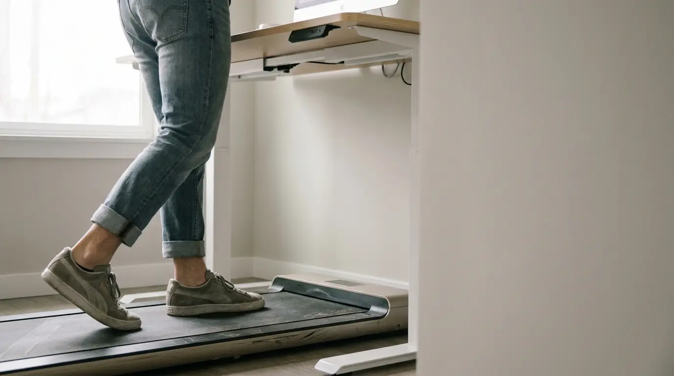 Person walking on treadmill desk in home office wearing casual jeans and sneakers