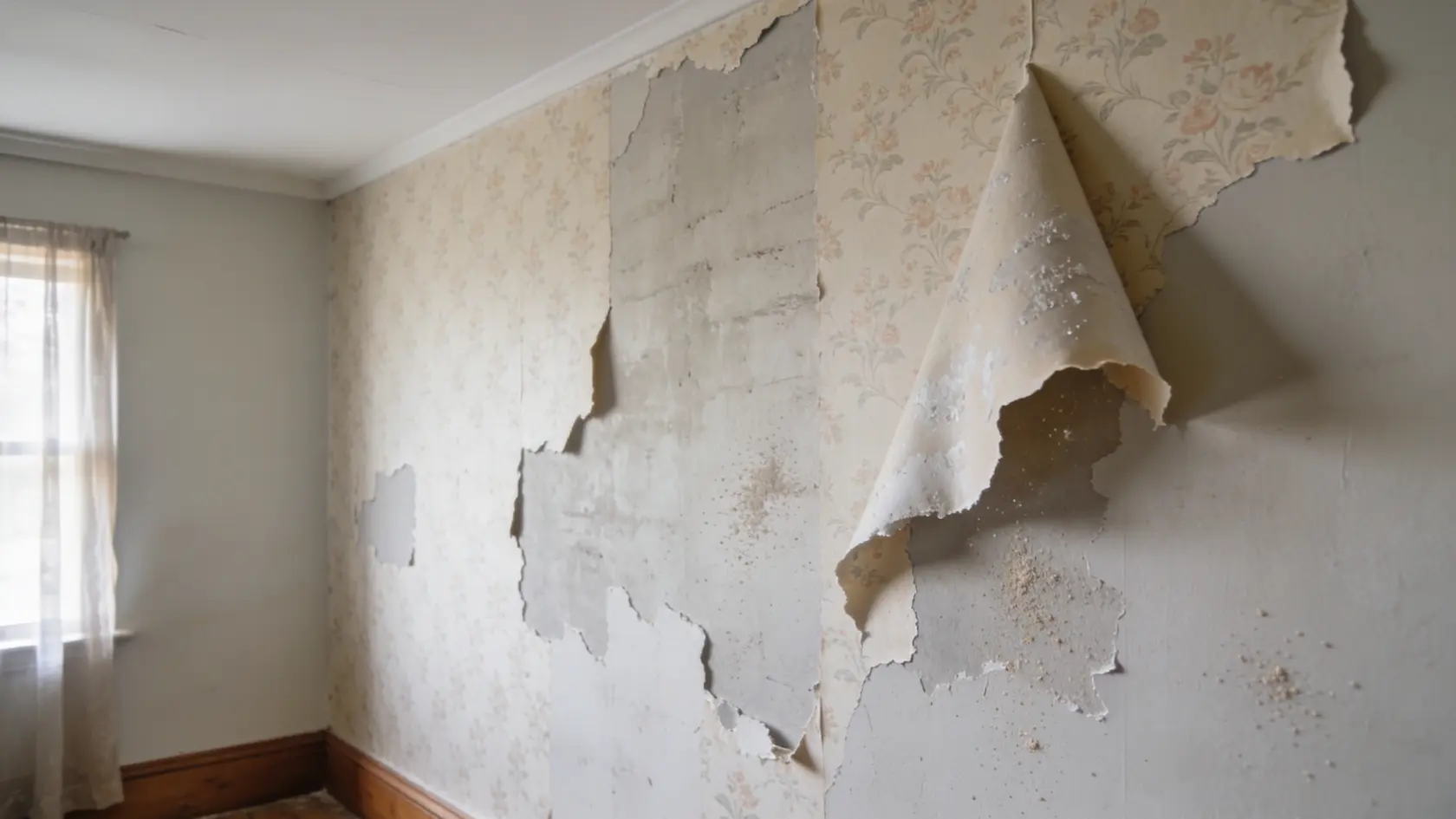 Wall with wallpaper partially removed showing exposed backing and scraped surface with tools nearb
