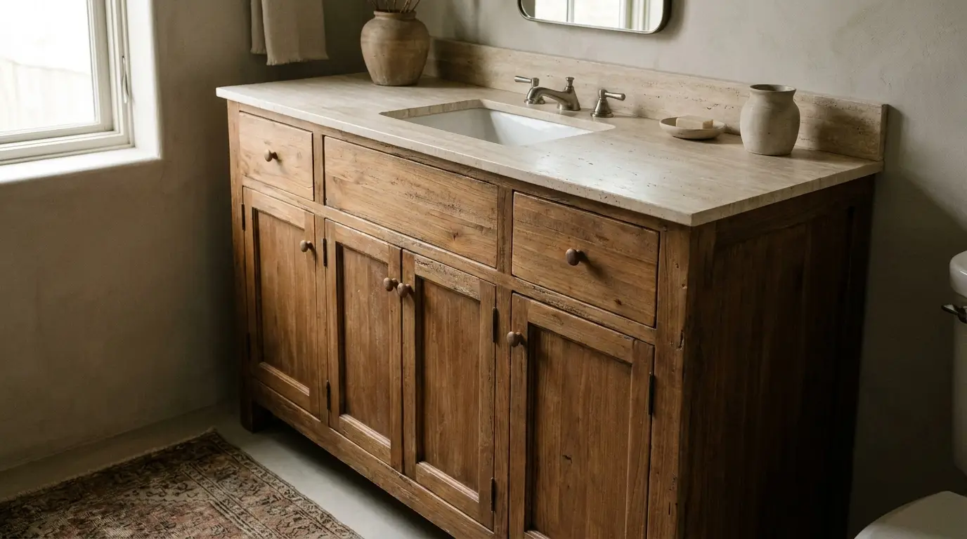 Wooden bathroom vanity with marble countertop and rustic decor under natural light