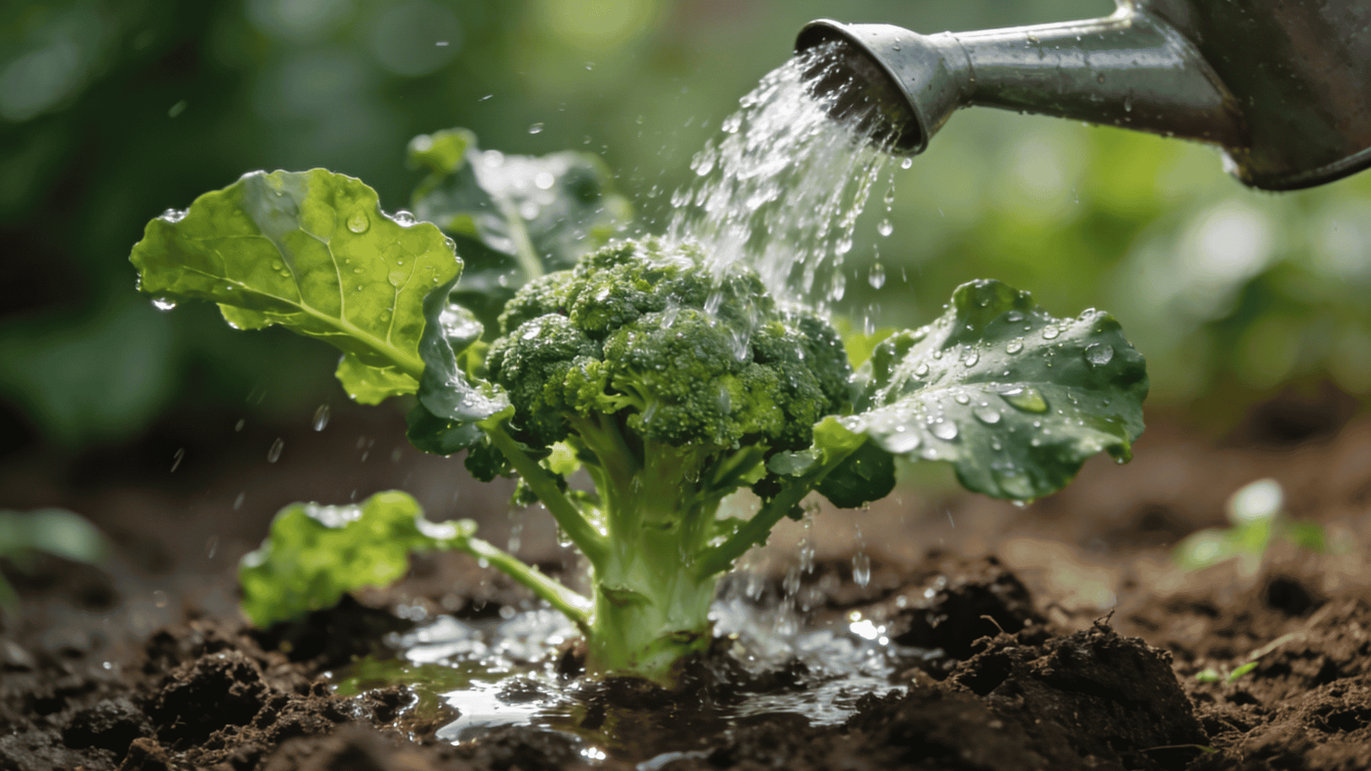 Watering can pouring water over a mid-growth broccoli plant in garden soil.