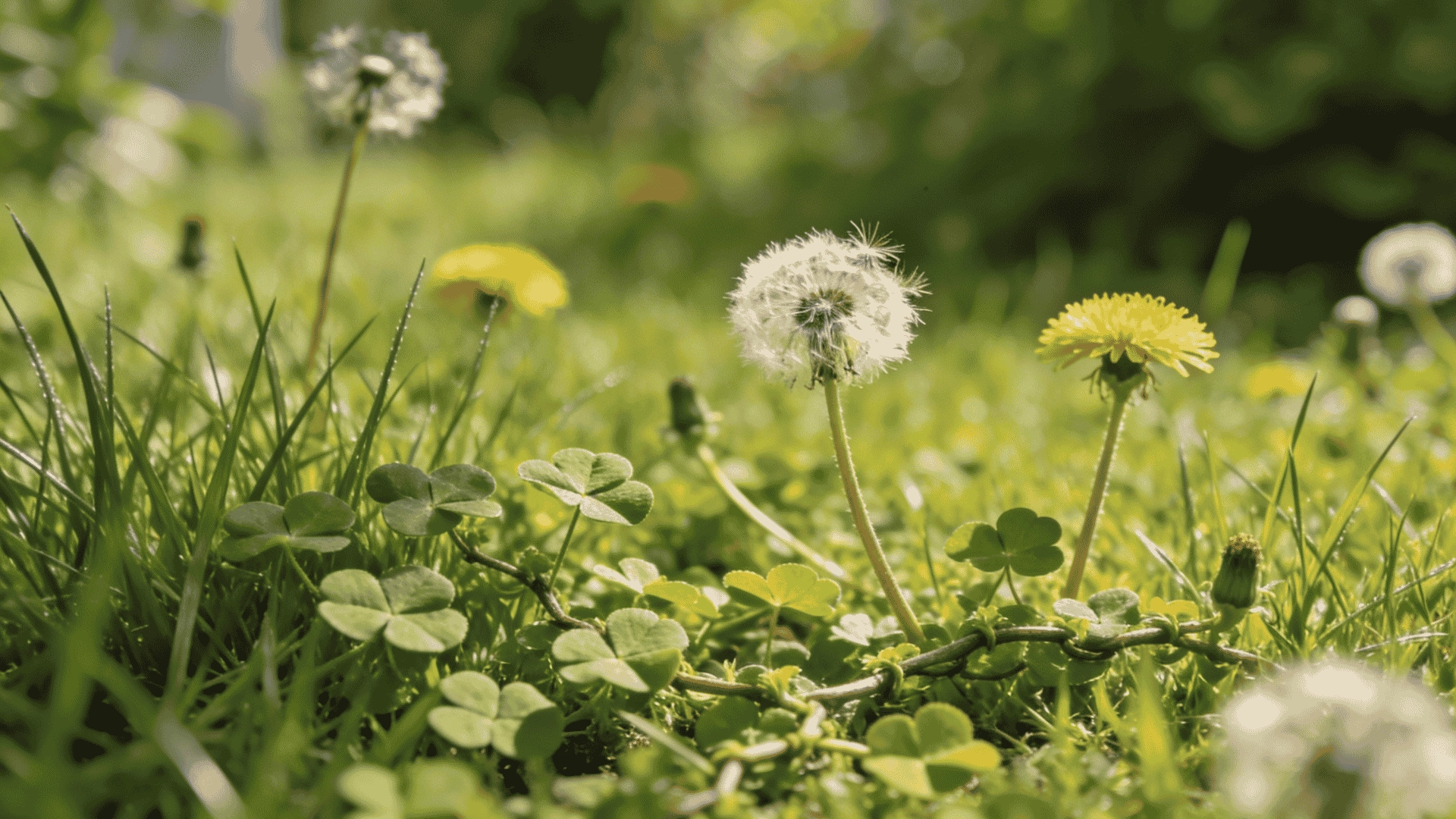 Weeds growing among green lawn grass