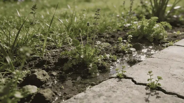 Weeds growing in lawn, garden soil, and pavement cracks