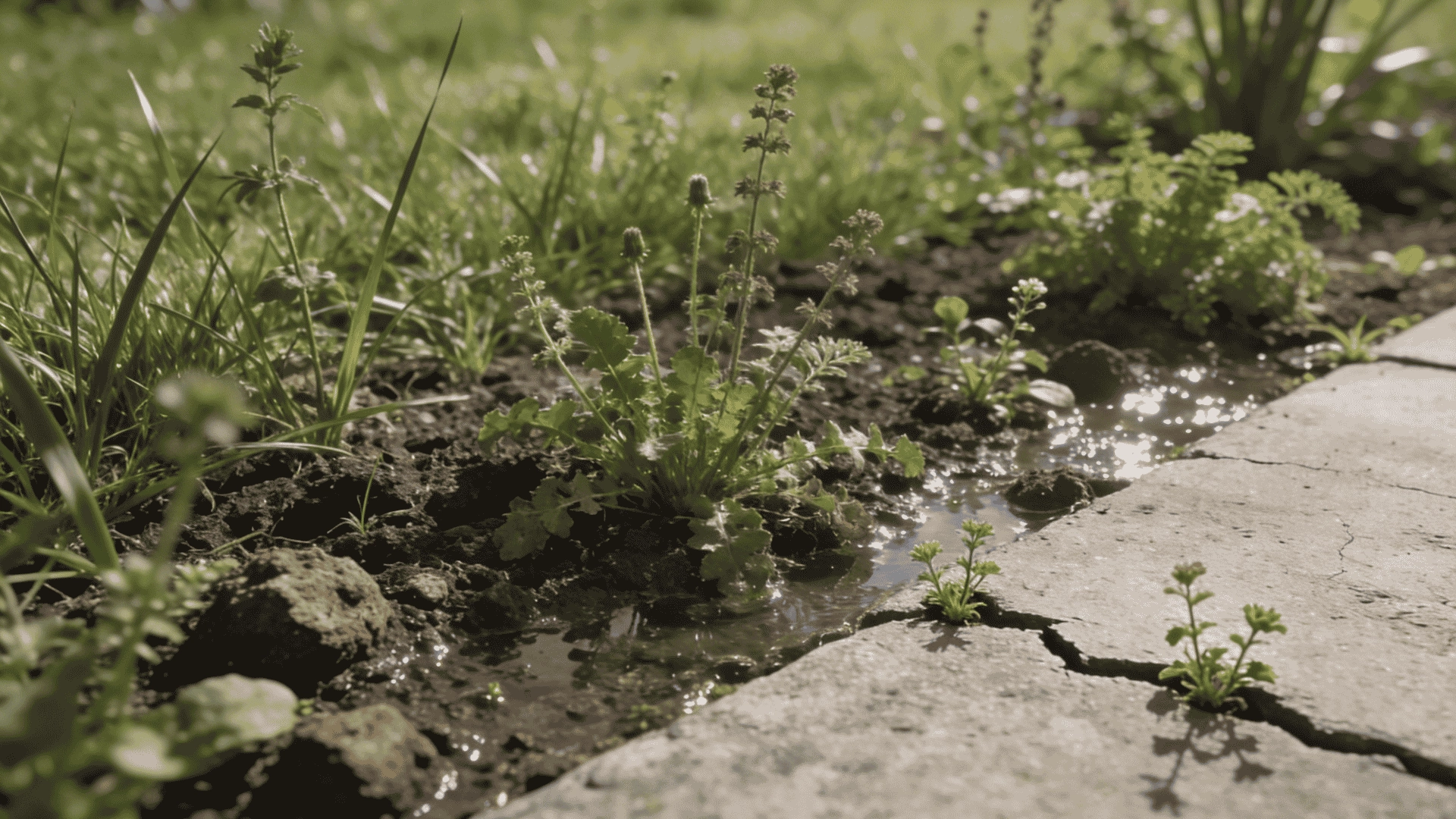 Weeds growing in lawn, garden soil, and pavement cracks