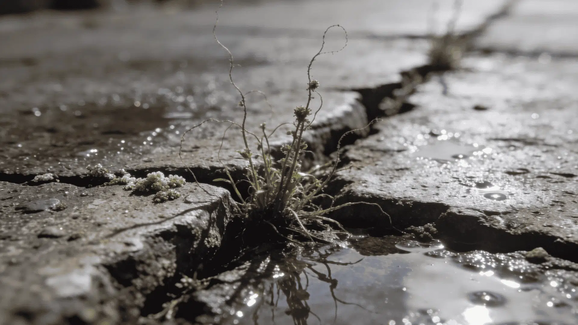 Weeds growing through cracks in concrete pavement