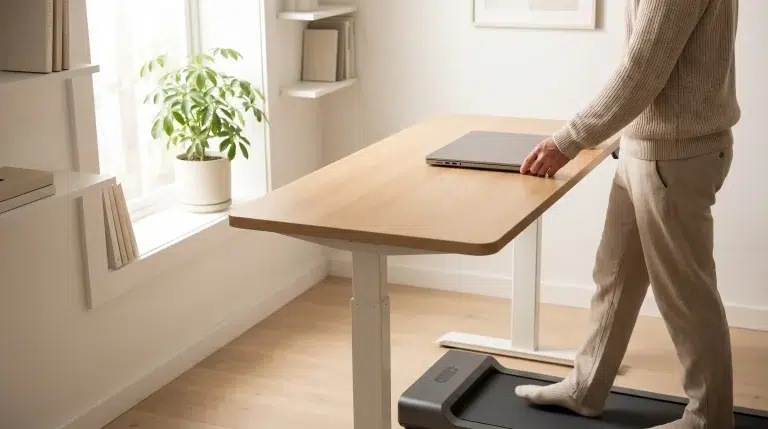 Man using treadmill desk with laptop in bright home office setting