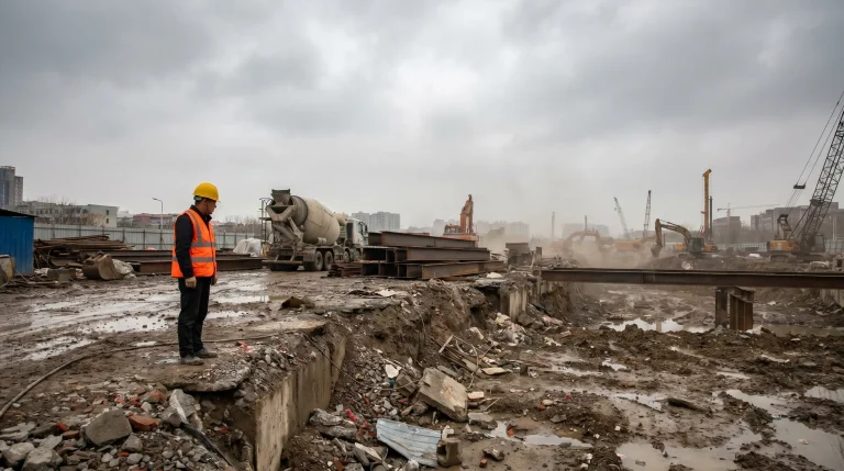 Construction worker in orange vest and hard hat at muddy construction site with industrial machinery