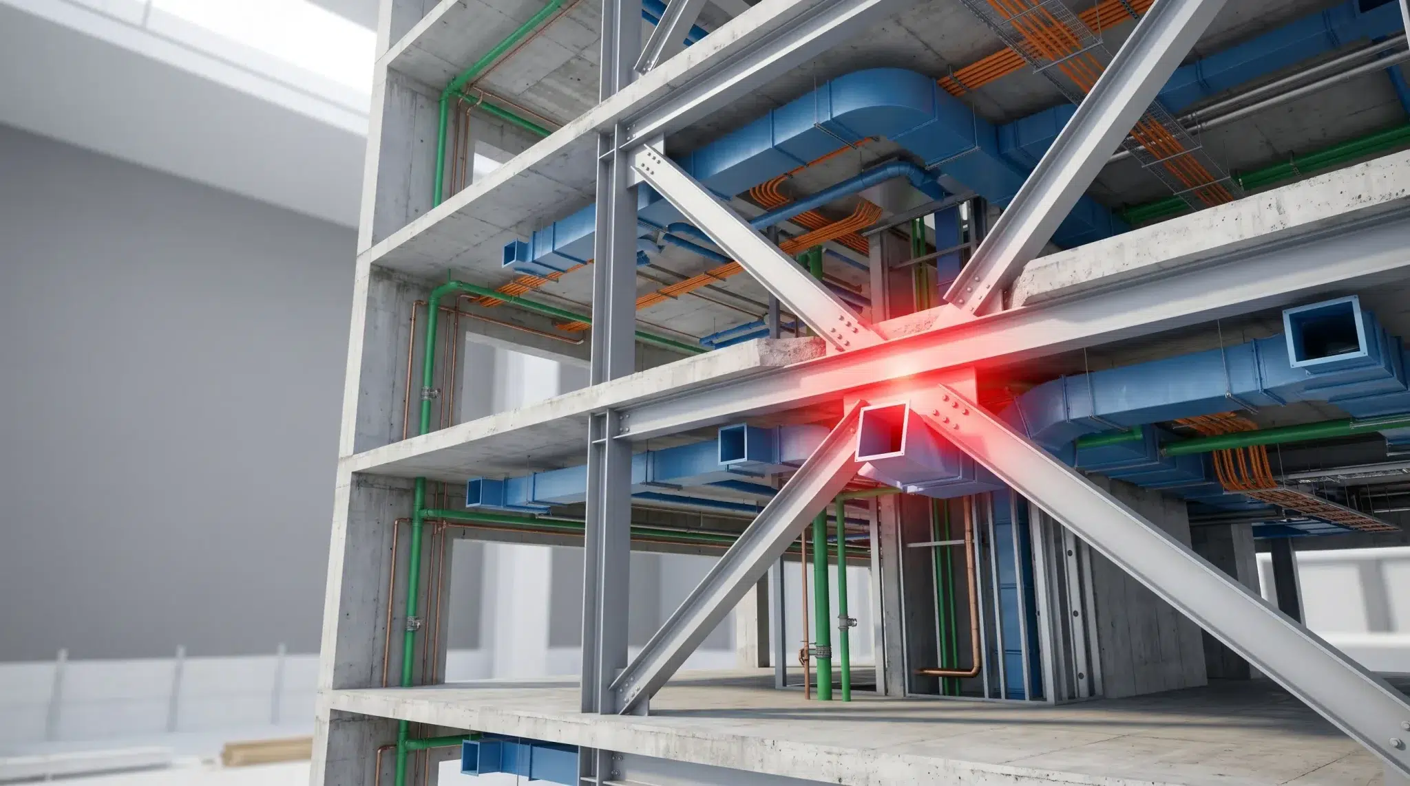 Steel structure of a building with highlighted joints and visible blue ductwork in construction setting