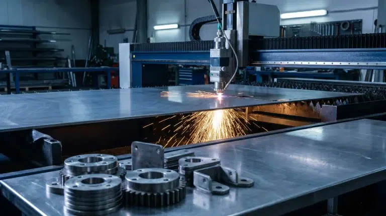 Laser cutting machine shaping metal sheet with sparks in industrial workspace