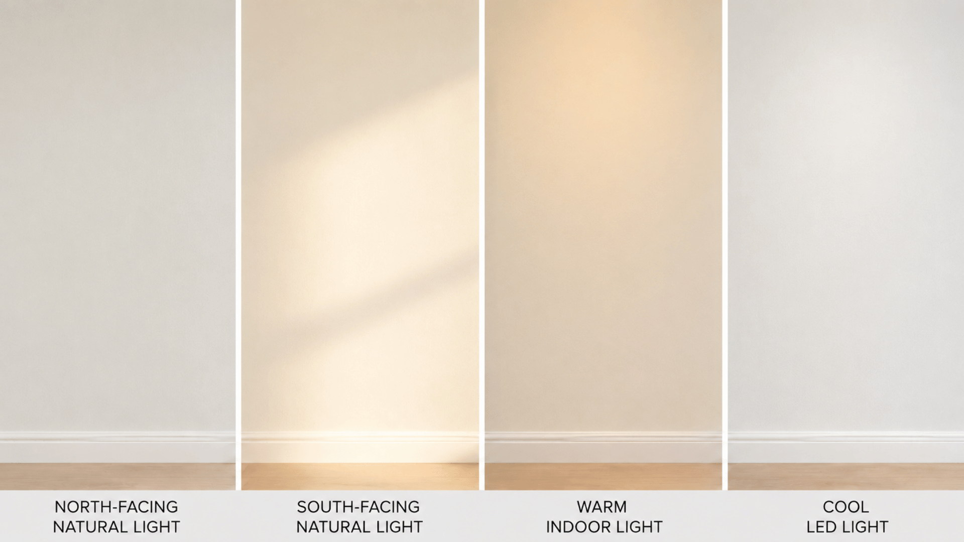 White Flour wall under different lighting: north, south, warm indoor, and cool LED light showing color changes.