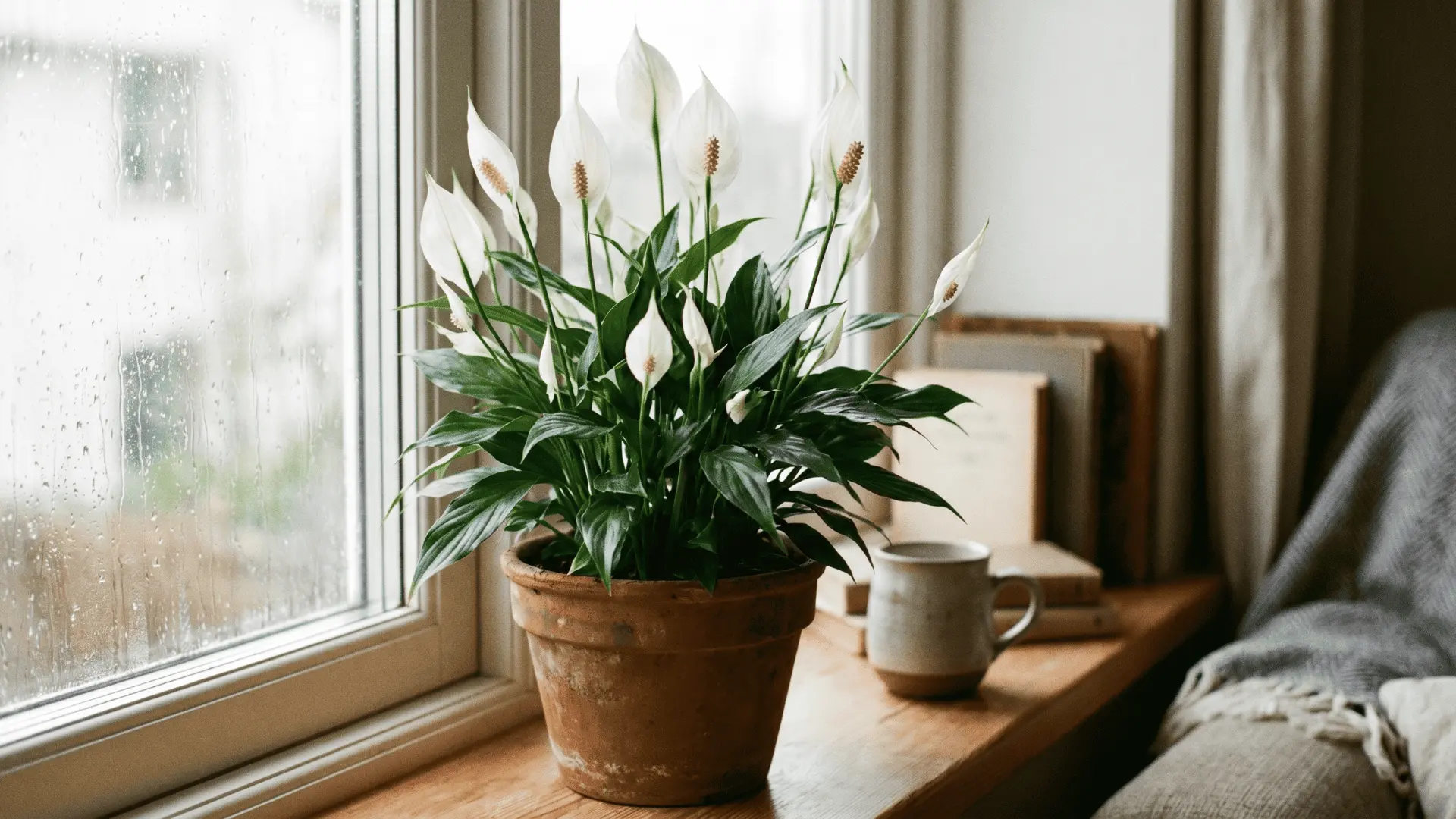 White peace lily blooms with dark green leaves in an indoor pot