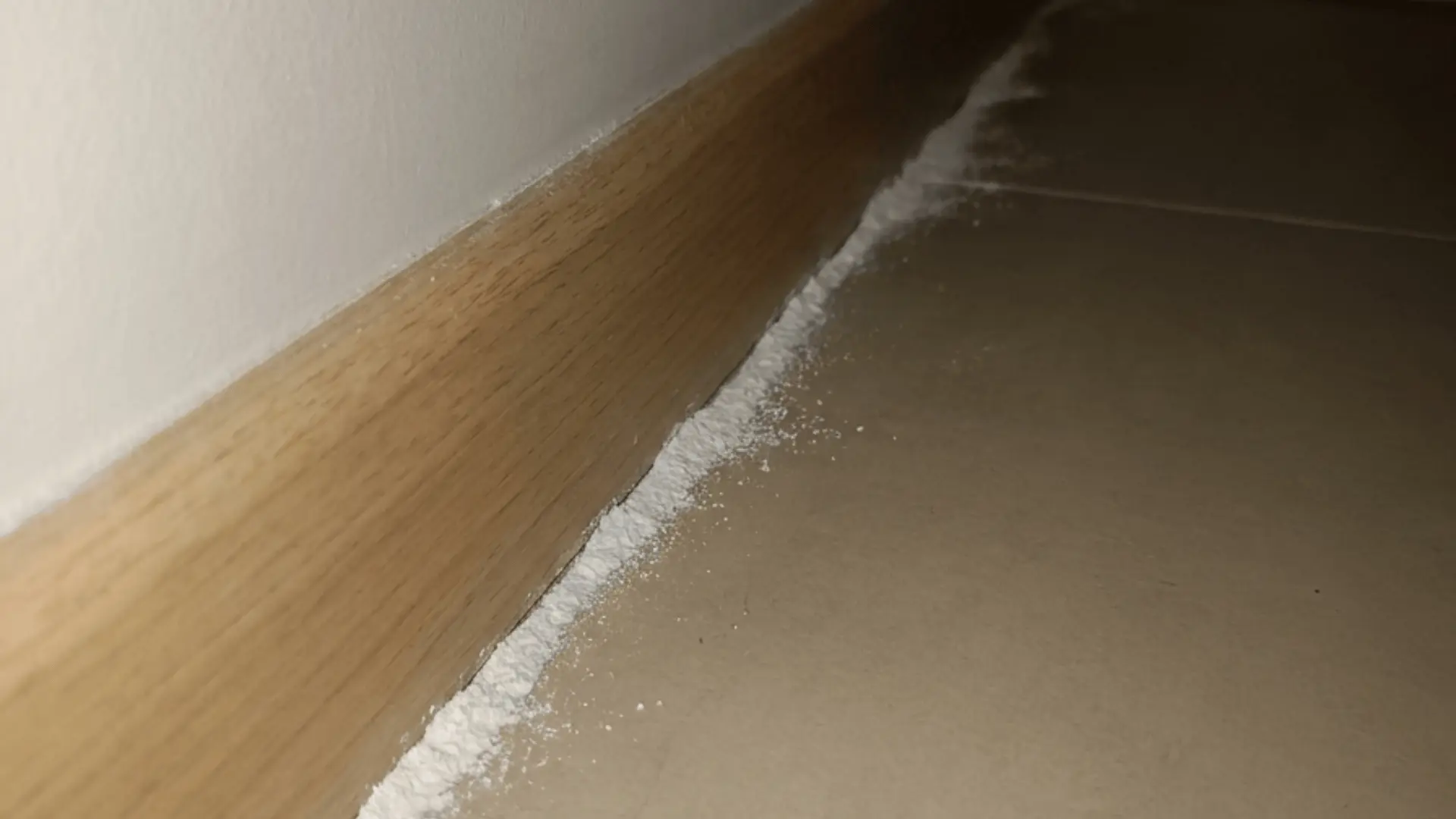 White powder spread along baseboard and floor edge indoors