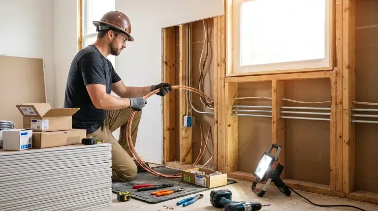 Construction worker wiring electrical cables in unfinished room with tools and supplies on wooden floor