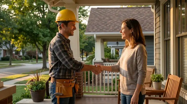 Builder in yellow hard hat shaking hands with woman on sunlit porch in suburban neighborhood
