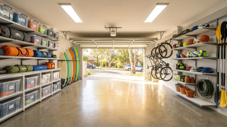 Organized garage with surfboards, bicycles, and storage bins on shelves under bright lighting
