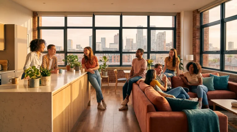Group of friends socializing in modern loft apartment with city view and large windows