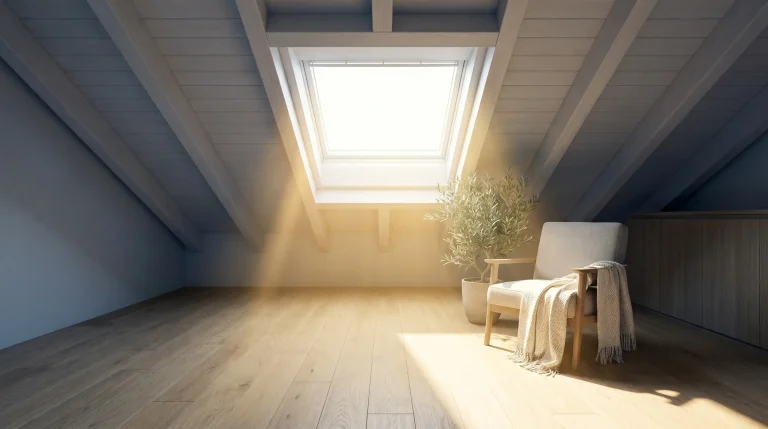 Cozy attic space with skylight, wooden chair, and potted plant under natural sunlight