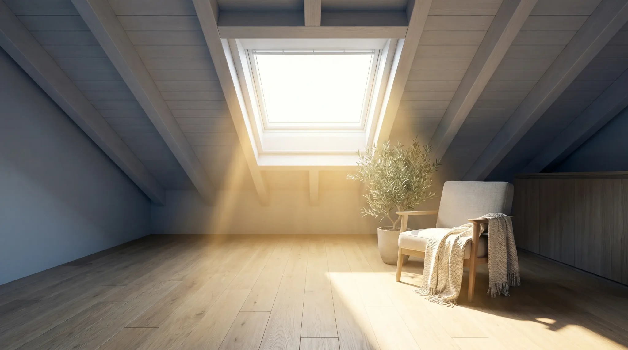 Cozy attic space with skylight, wooden chair, and potted plant under natural sunlight