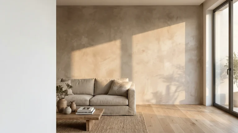 Beige sofa and wooden coffee table with vases in sunlit minimalist living room