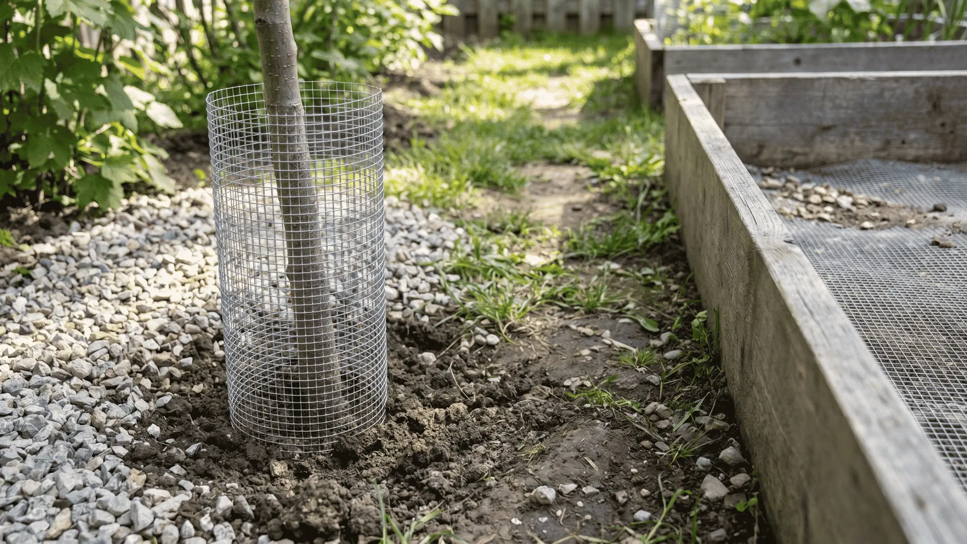 Wire mesh barrier around a tree base with gravel mulch in a garden.