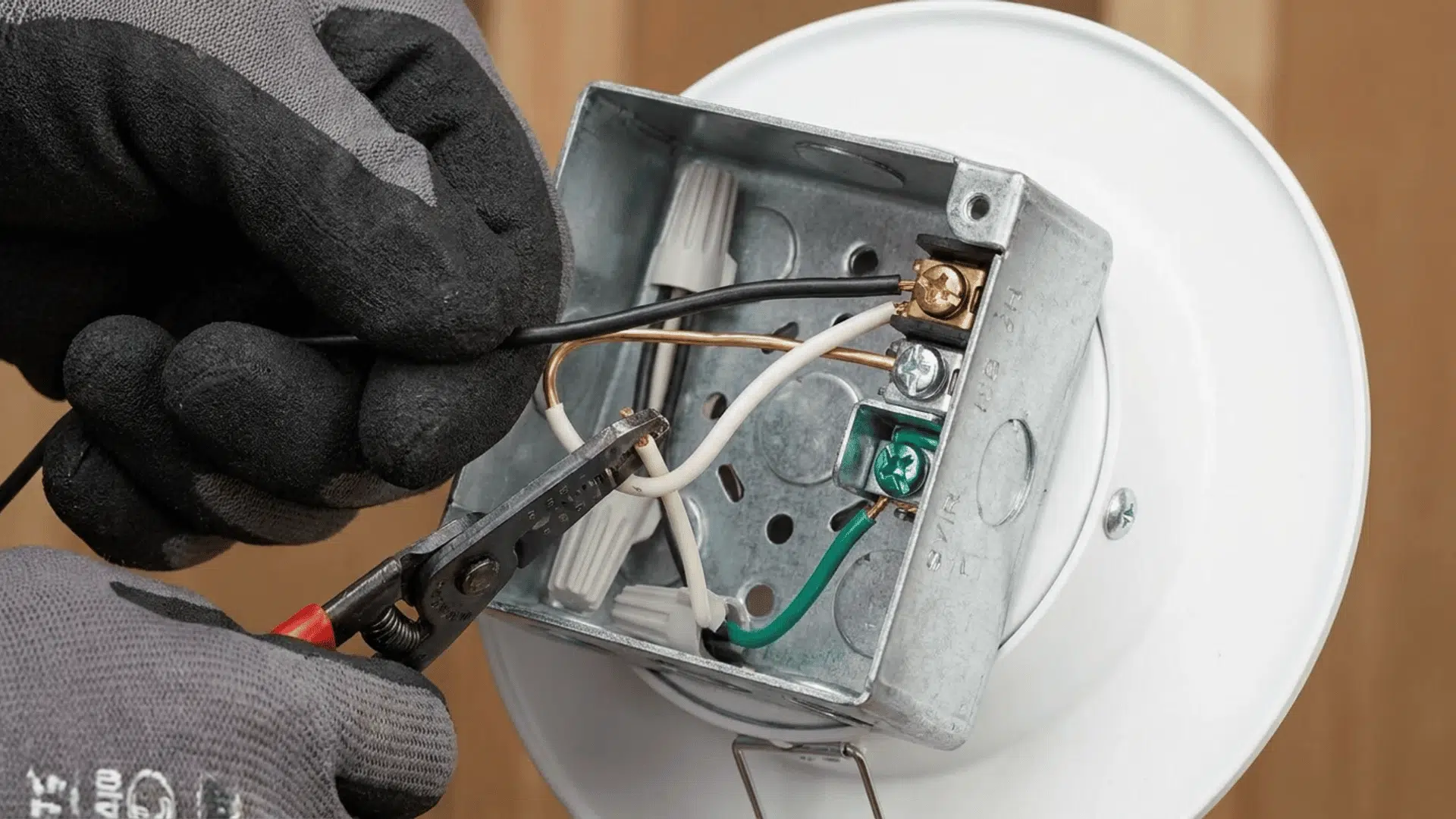 Wires being stripped and connected to the corresponding terminals on a recessed light fixture’s junction box.