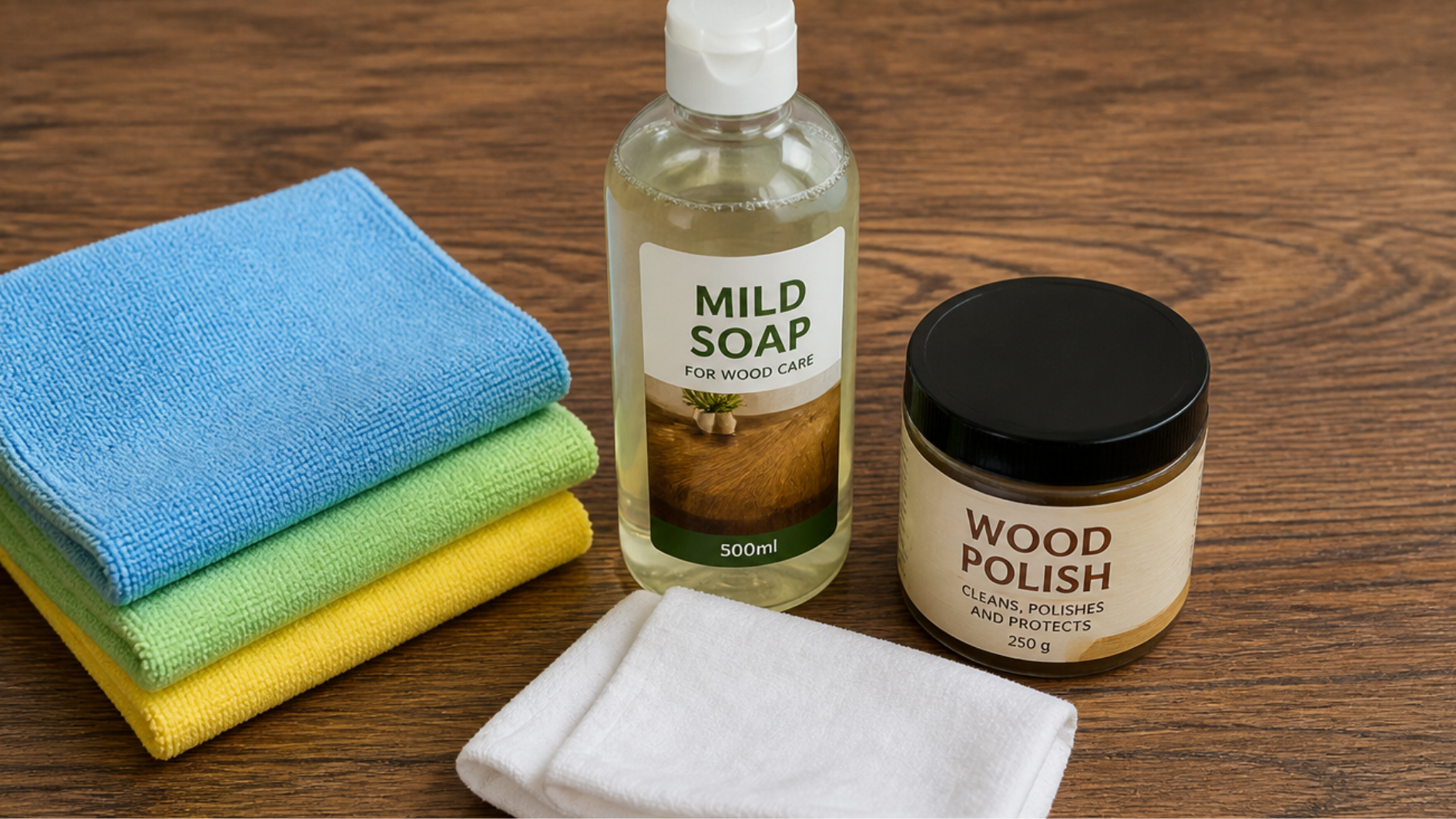 wood care products and colorful microfiber cloths on wooden table