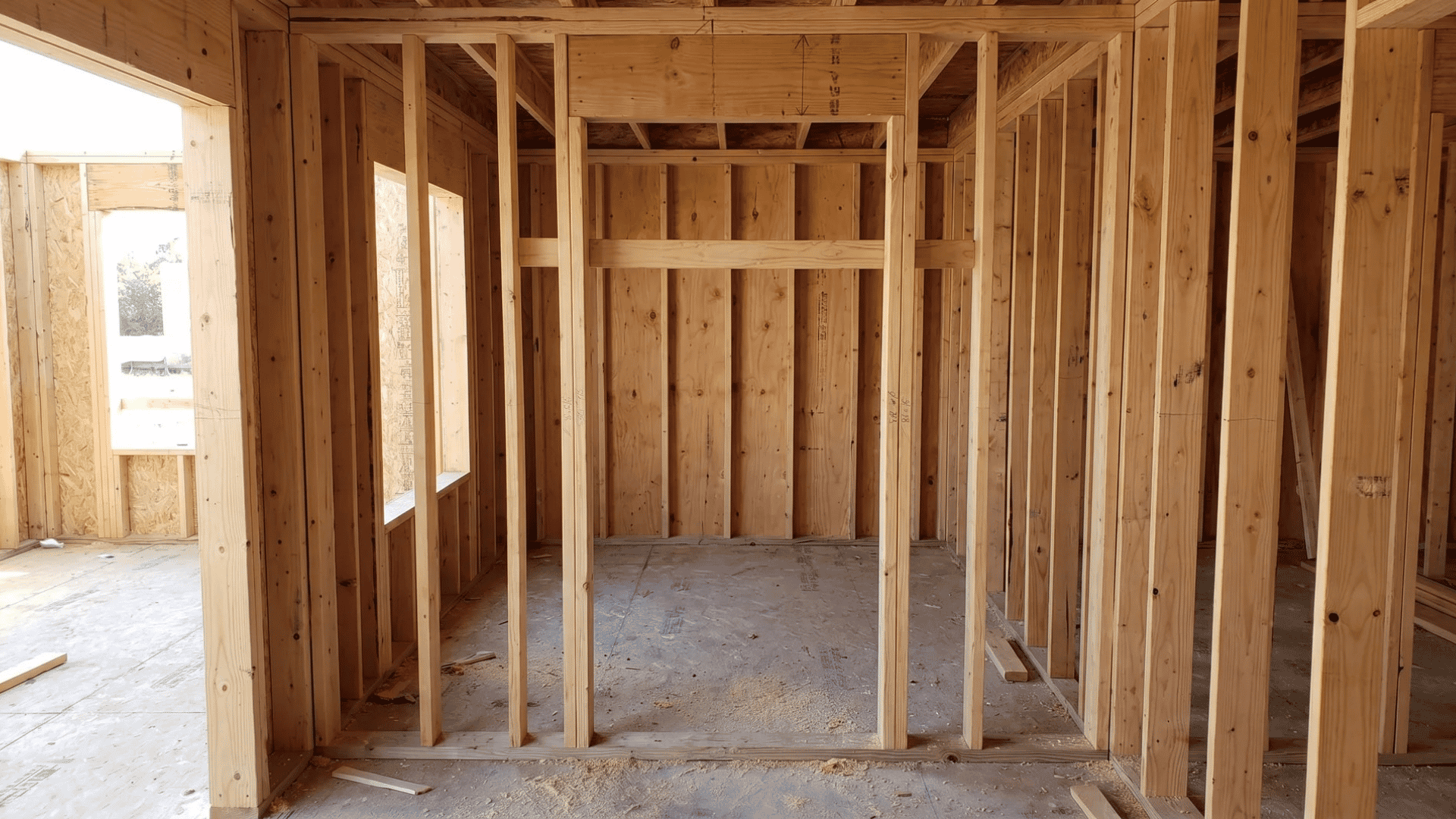 Wood stud wall framing with rough opening sized for a 36 by 80 inch door in a residential build